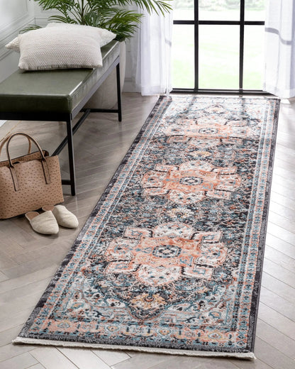 Minos Vintage Bohemian Oriental Floral Black Rug Well Woven