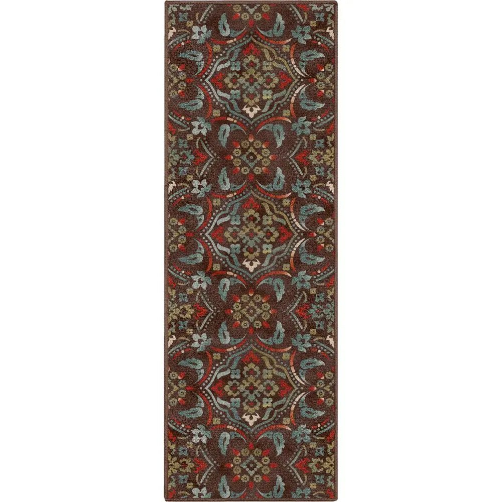 Florence Brown/Grey Floral Flat-Weave Cotton Backing Rug Well Woven