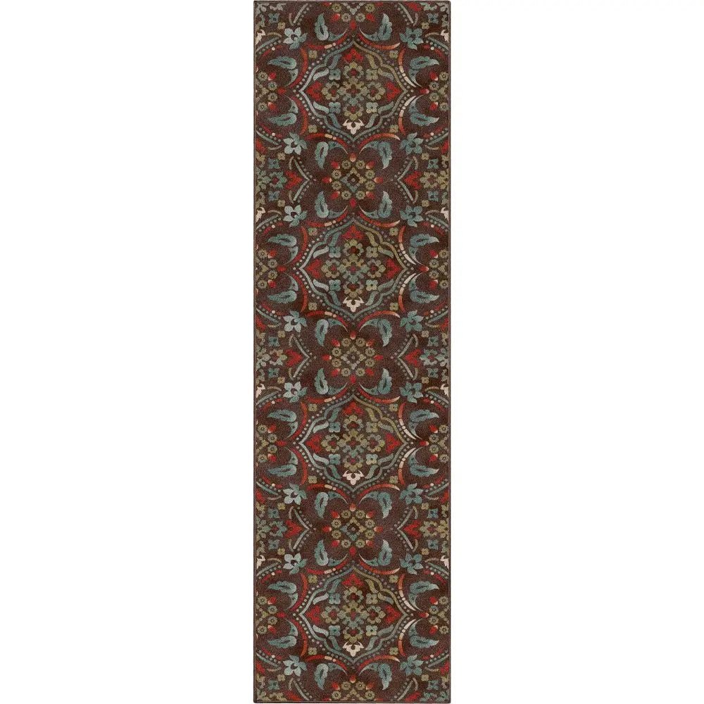 Florence Brown/Grey Floral Flat-Weave Cotton Backing Rug Well Woven