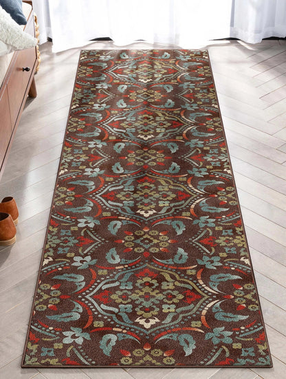 Florence Brown/Grey Floral Flat-Weave Cotton Backing Rug Well Woven
