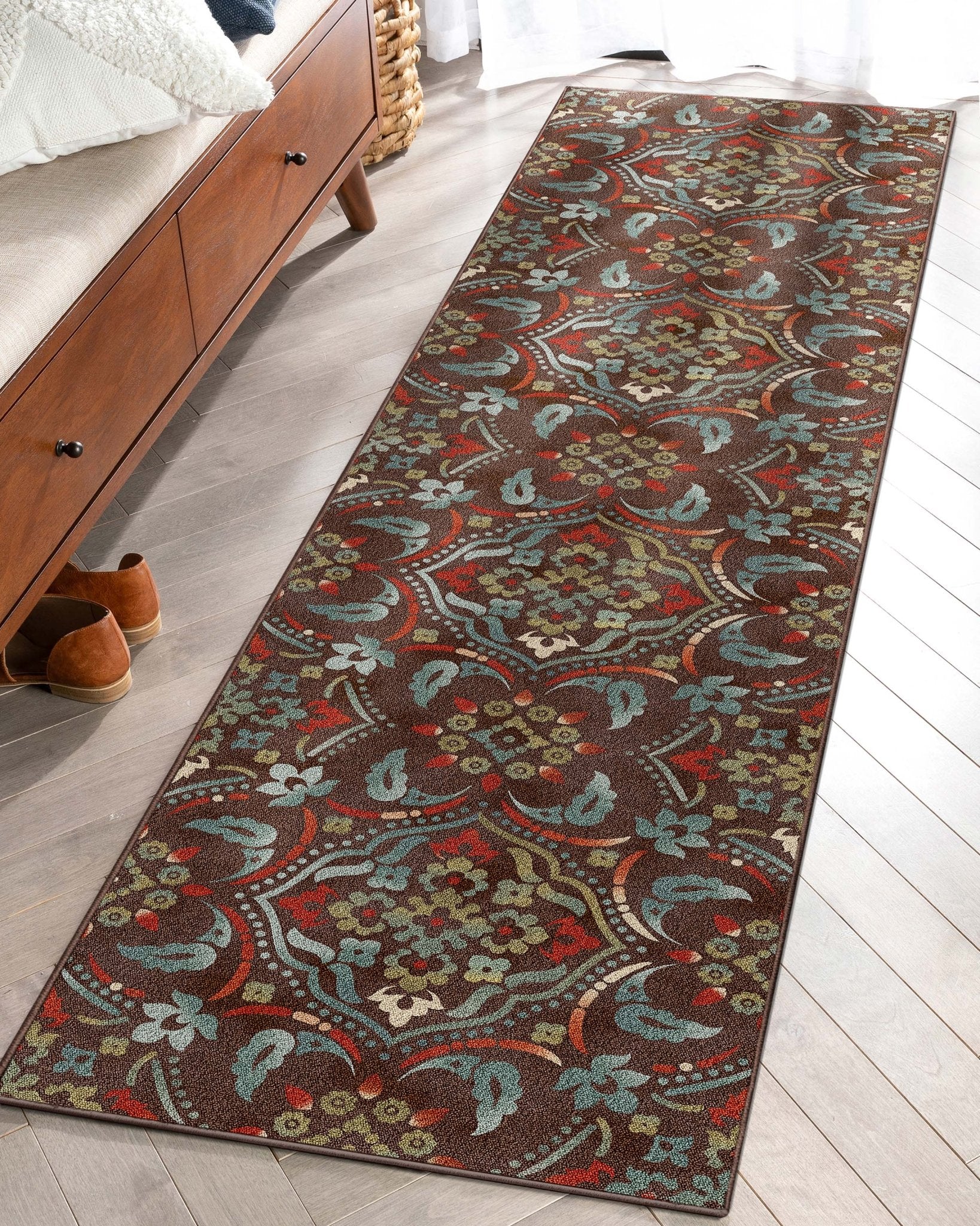 Florence Brown/Grey Floral Flat-Weave Cotton Backing Rug Well Woven