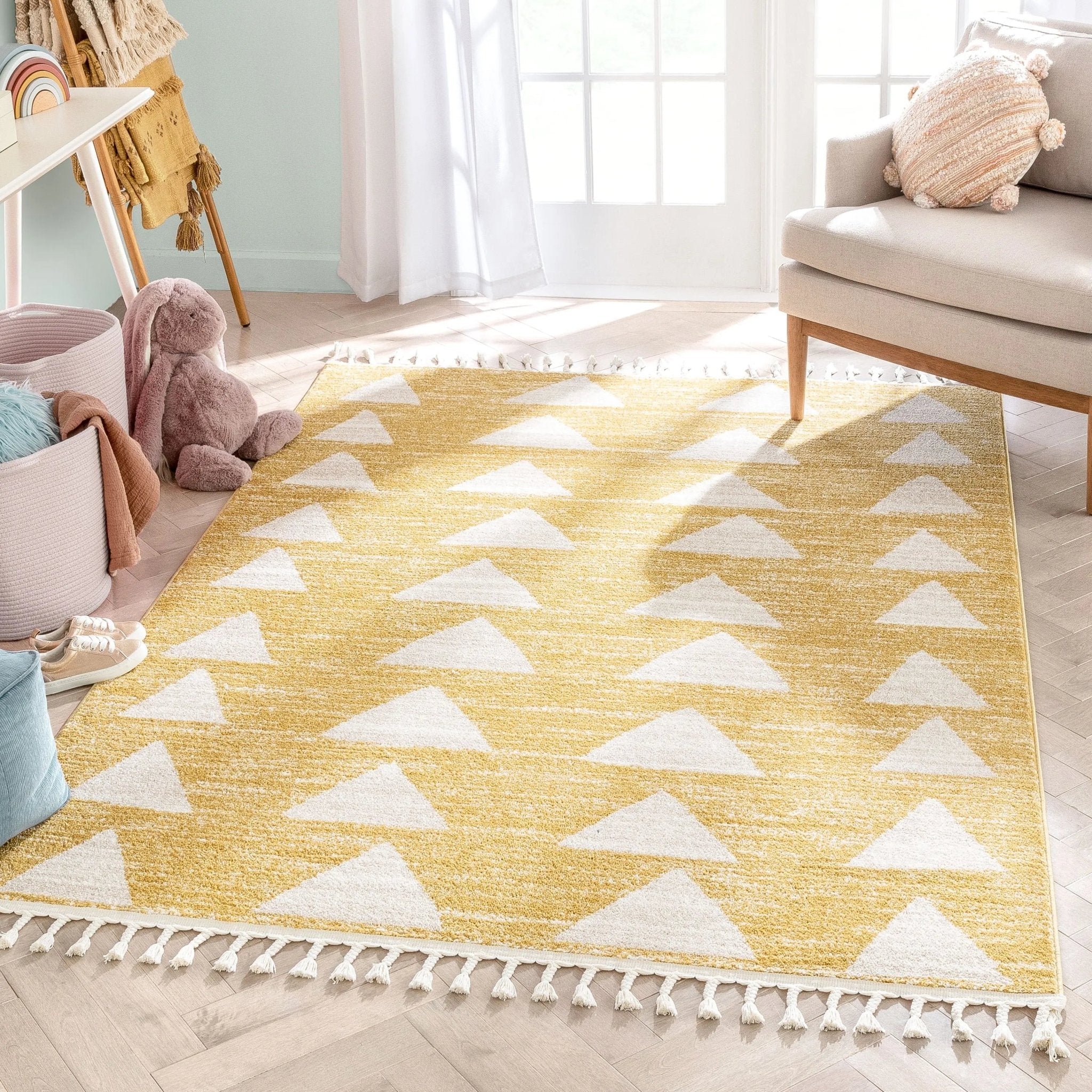 Triangles Modern Geometric Pattern Yellow Kids Rug Well Woven