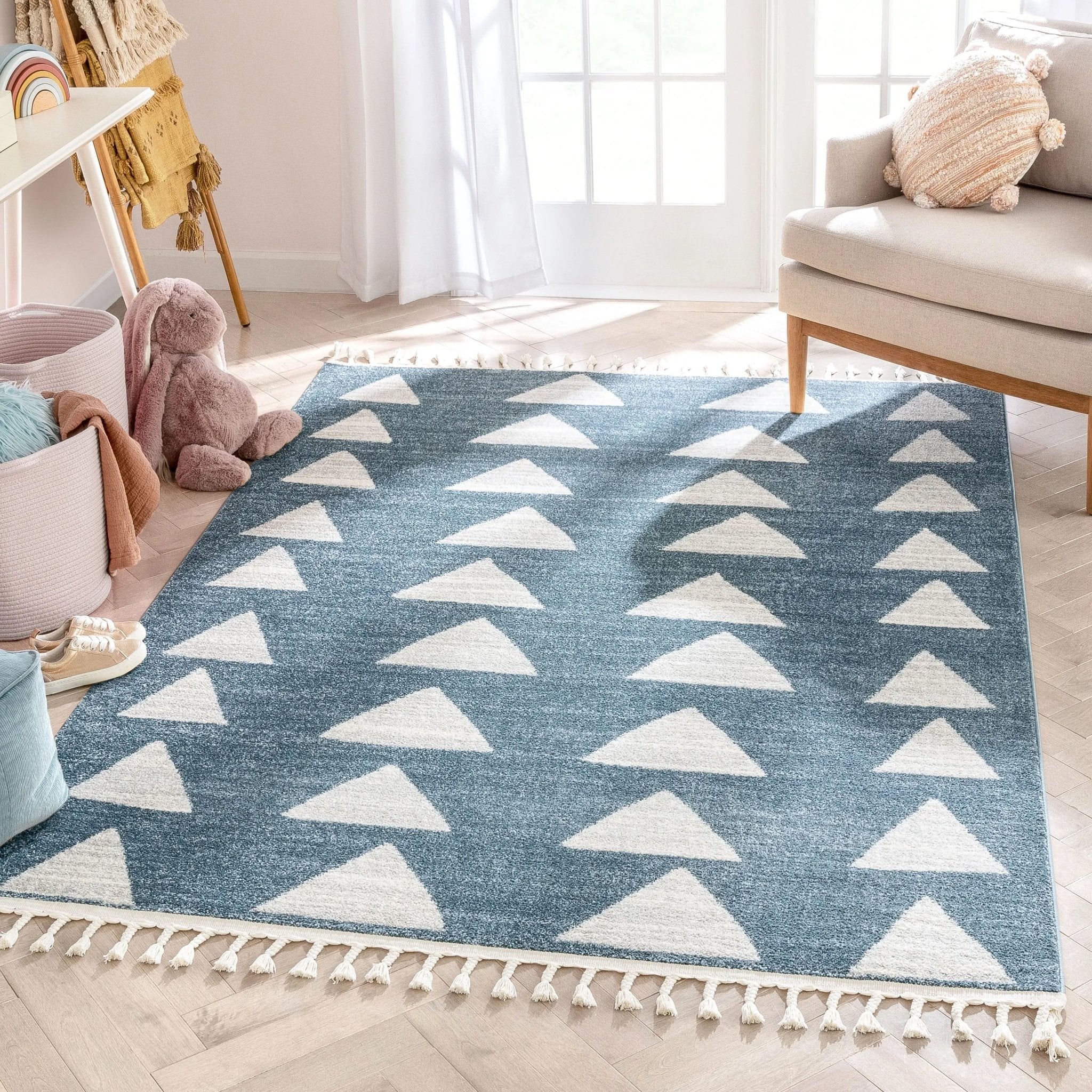 Triangles Modern Geometric Pattern Blue Kids Rug Well Woven