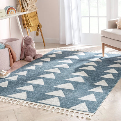 Triangles Modern Geometric Pattern Blue Kids Rug Well Woven