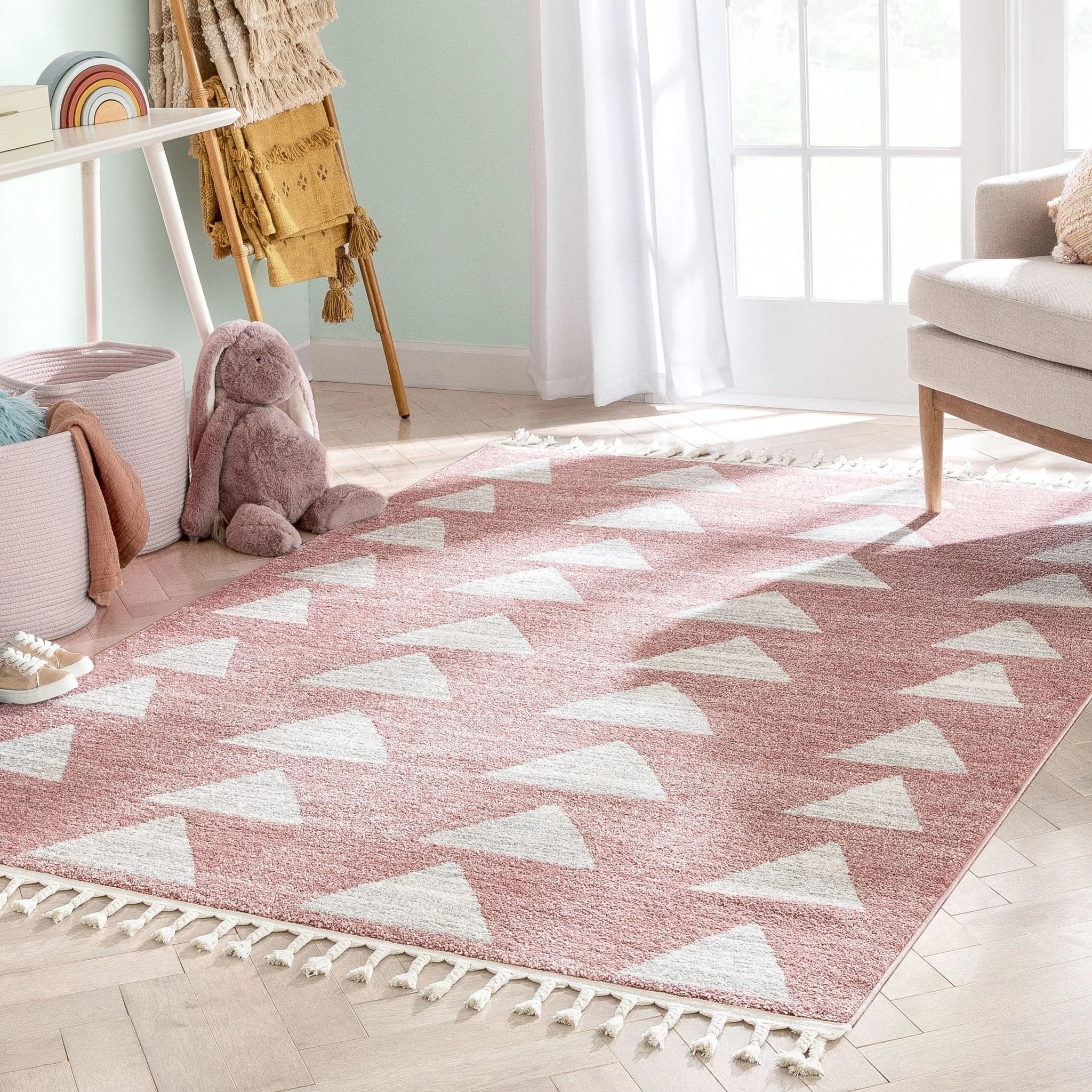Triangles Modern Geometric Pattern Pink Kids Rug Well Woven