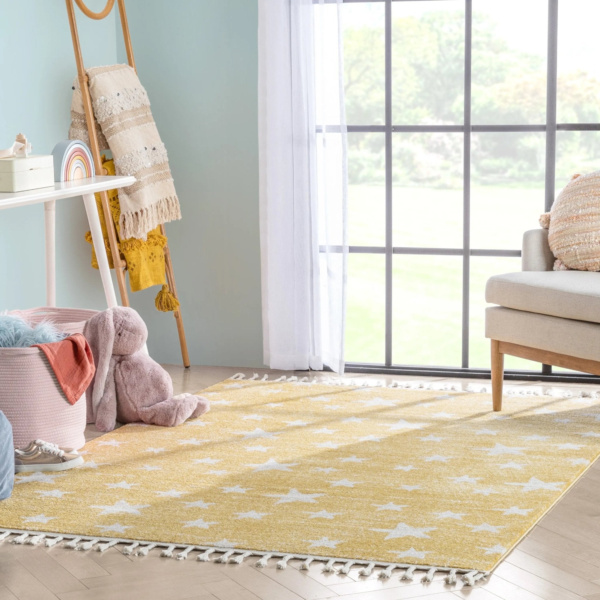 Stars Modern Geometric Yellow Kids Rug Well Woven