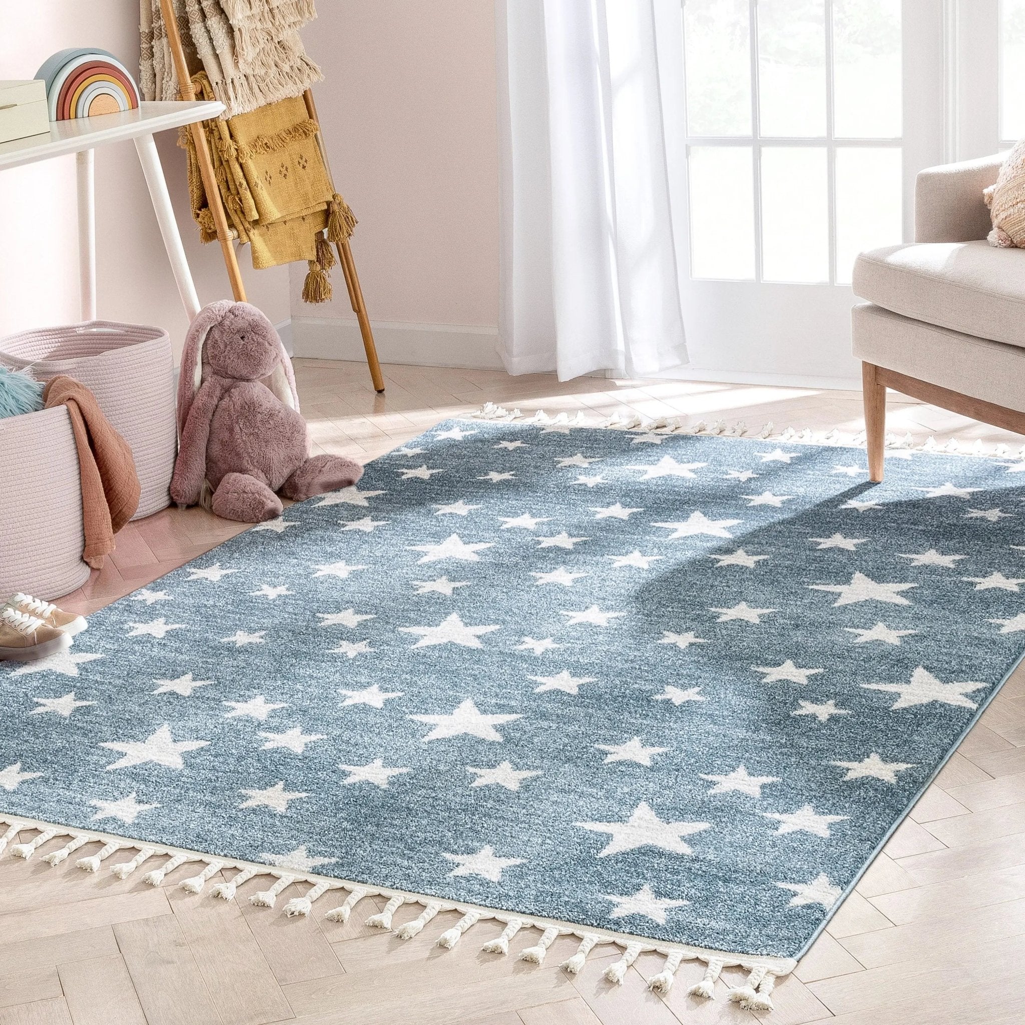 Stars Modern Geometric Blue Kids Rug Well Woven