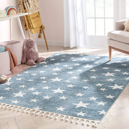 Stars Modern Geometric Blue Kids Rug Well Woven