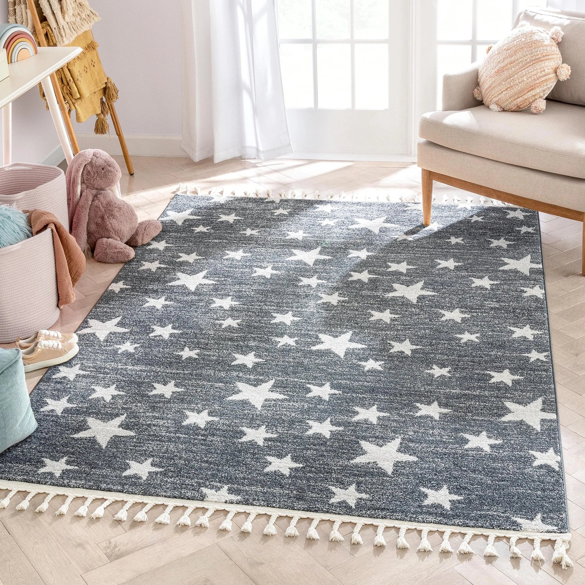 Stars Modern Geometric Grey Kids Rug Well Woven
