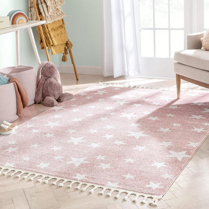 Stars Modern Geometric Pink Kids Rug Well Woven