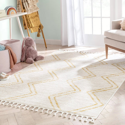 Reeve Modern Chevron Zig-Zag Yellow Ivory Kids Rug Well Woven