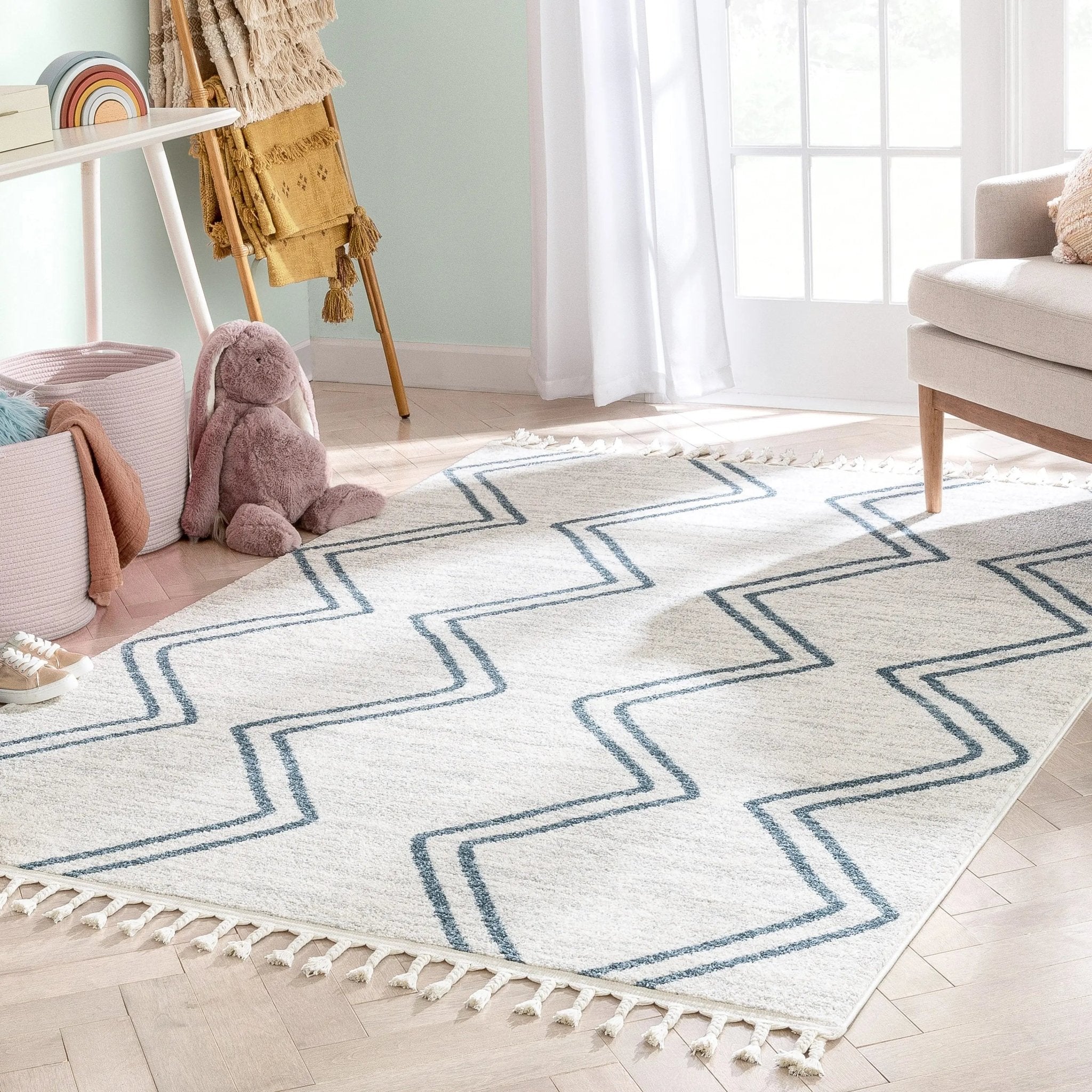 Reeve Modern Chevron Zig-Zag Blue Ivory Kids Rug Well Woven
