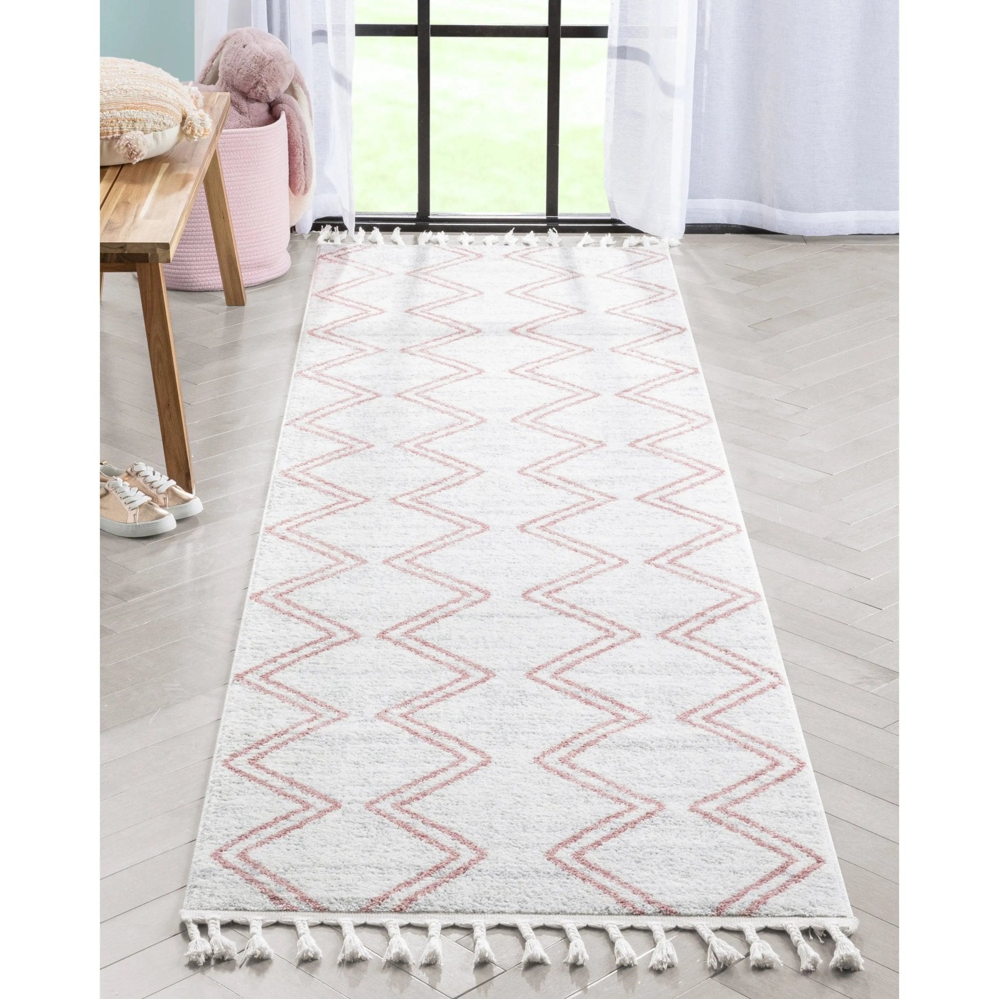 Reeve Modern Chevron Zig-Zag Pink Ivory Kids Rug Well Woven