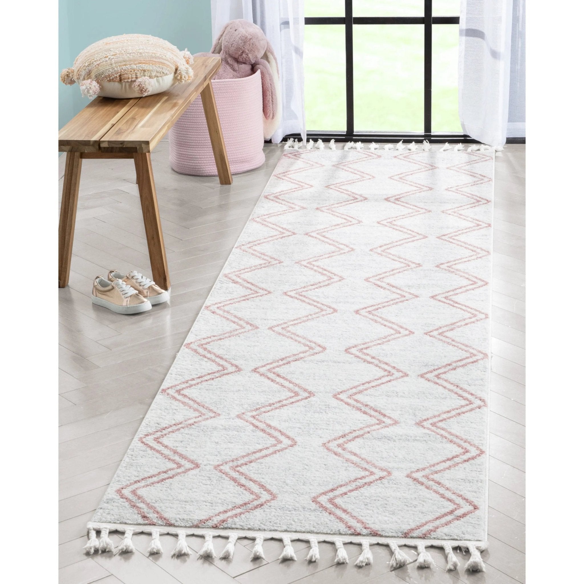 Reeve Modern Chevron Zig-Zag Pink Ivory Kids Rug Well Woven