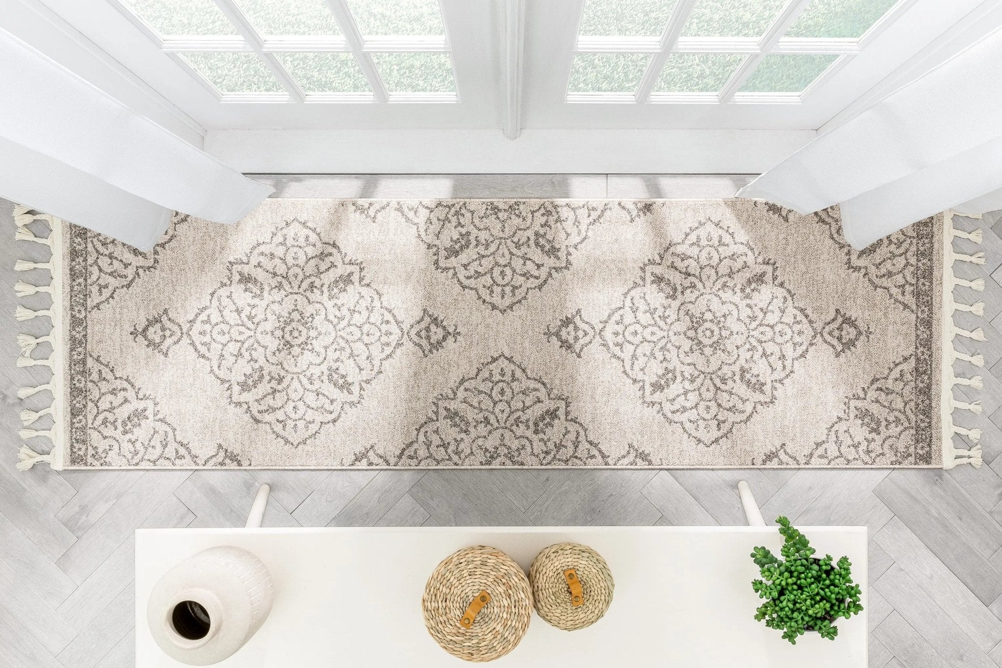 Mara Medallion Botanical Pattern Brown Beige Kilim-Style Rug Well Woven