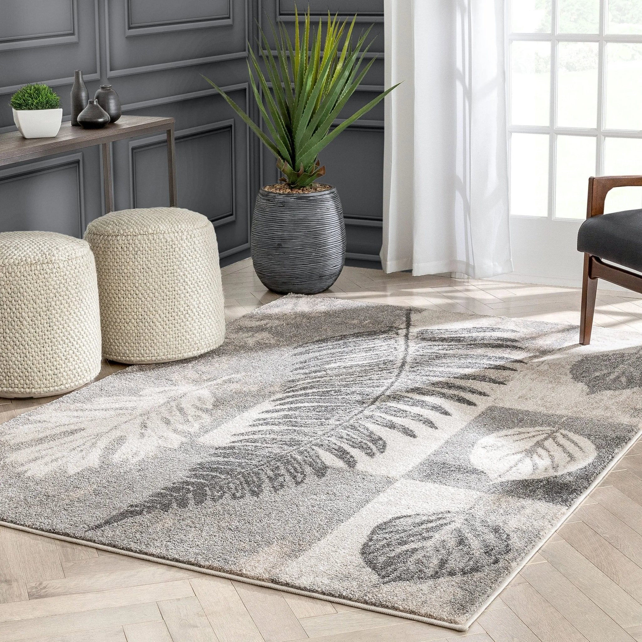 Odette Botanical Transitional Leaves Grey Vintage Rug Well Woven