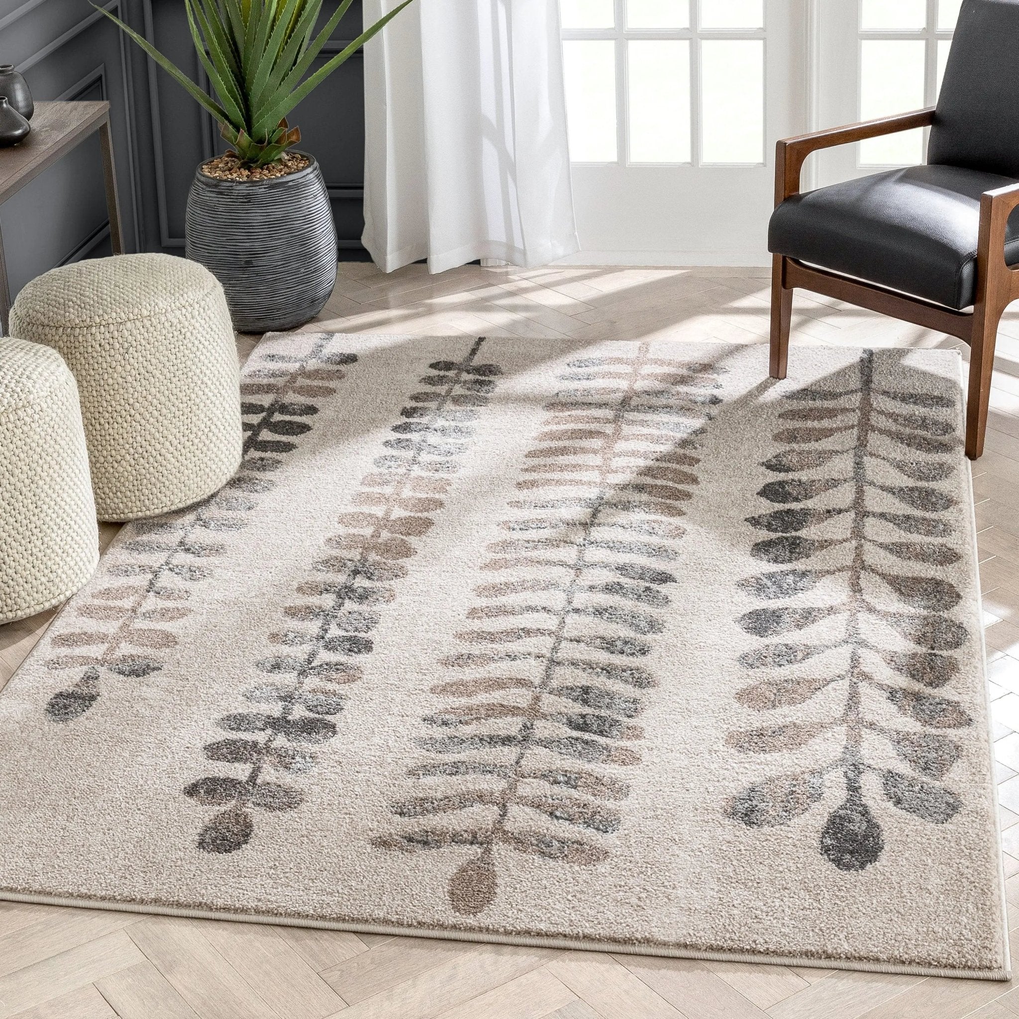 Myra Abstract Leaf Pattern Ivory Vintage Rug Well Woven