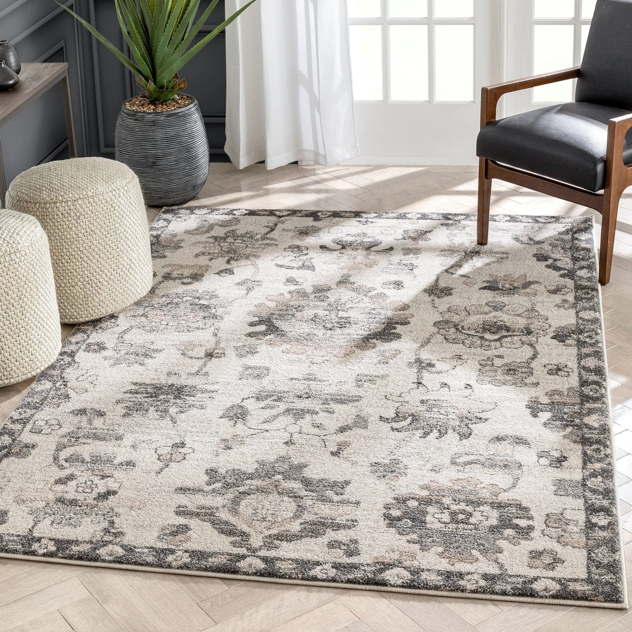 Selma Oriental Floral Pattern Grey Vintage Rug Well Woven