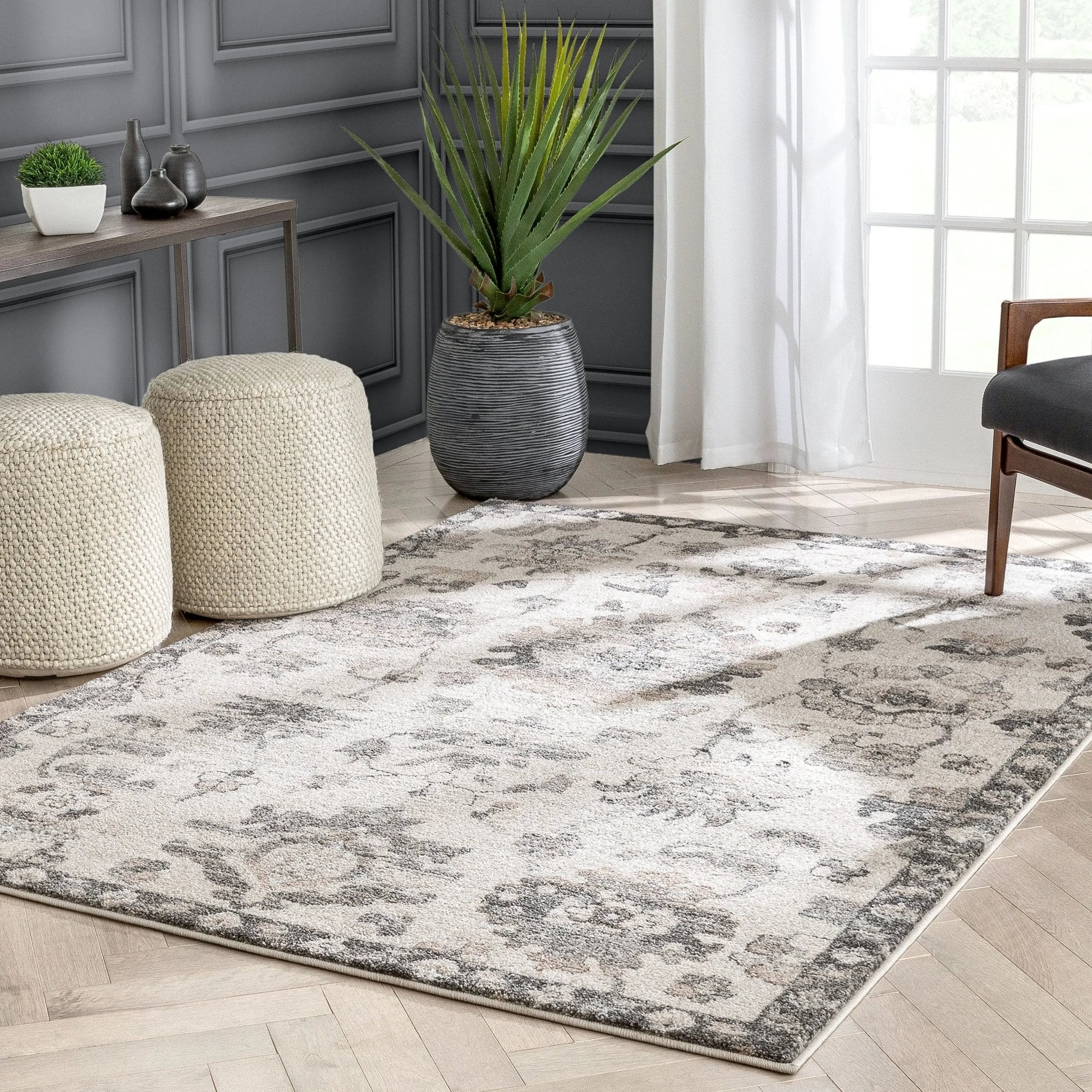 Selma Oriental Floral Pattern Grey Vintage Rug Well Woven