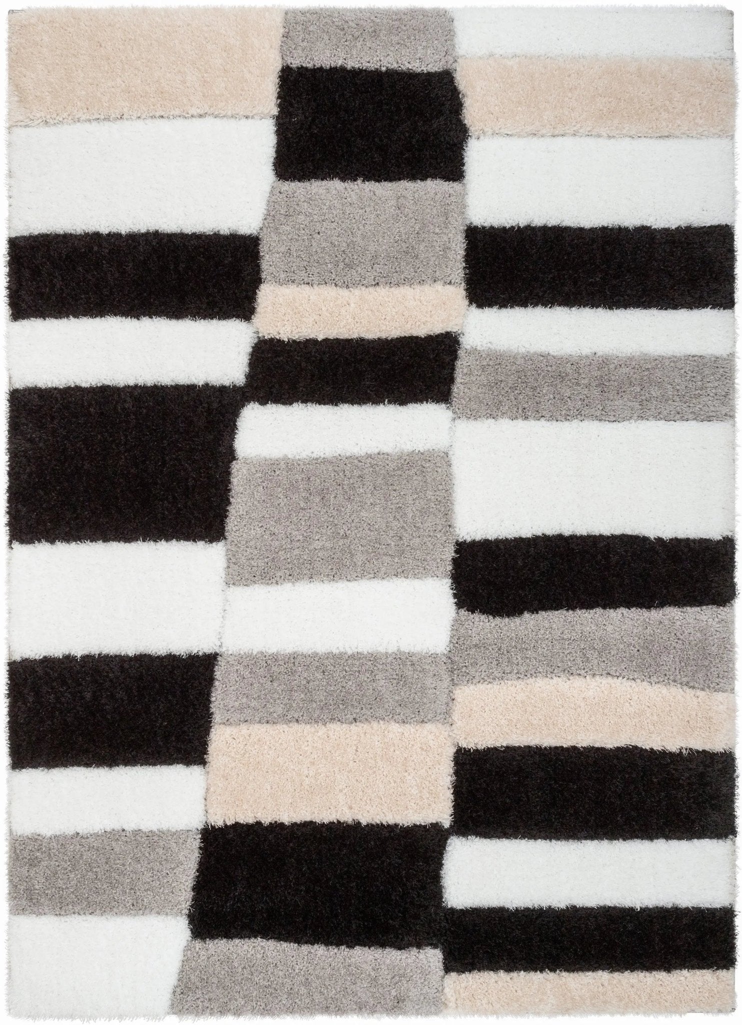 Chaska Geometric Squares Shag Ivory Black 7'10" x 9'10" 3D Textured Rug Well Woven