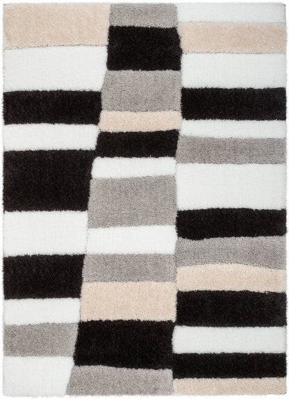 Chaska Geometric Squares Shag Ivory Black 7'10" x 9'10" 3D Textured Rug Well Woven