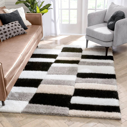 Chaska Geometric Squares Shag Ivory Black 7'10" x 9'10" 3D Textured Rug Well Woven