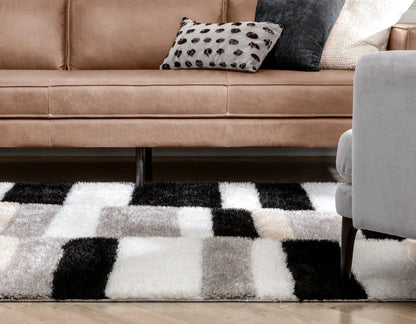 Chaska Geometric Squares Shag Ivory Black 7'10" x 9'10" 3D Textured Rug Well Woven