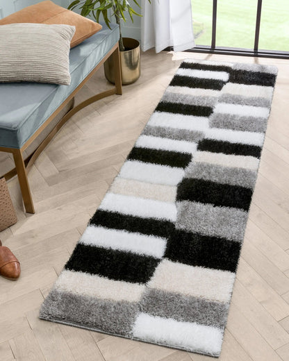Chaska Geometric Squares Shag Ivory Black 7'10" x 9'10" 3D Textured Rug Well Woven