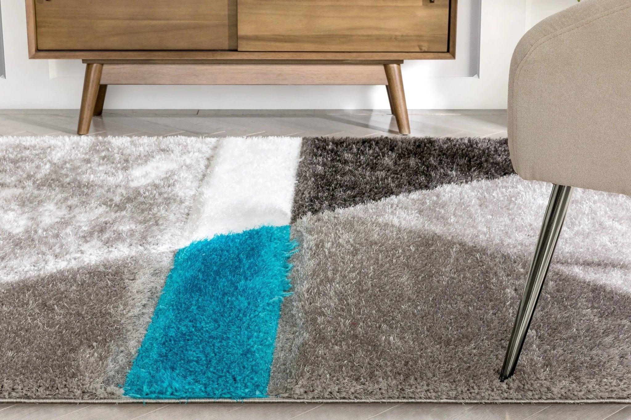 Mori Modern Abstract Geometric 3D Textured Shag Grey Blue Rug Well Woven