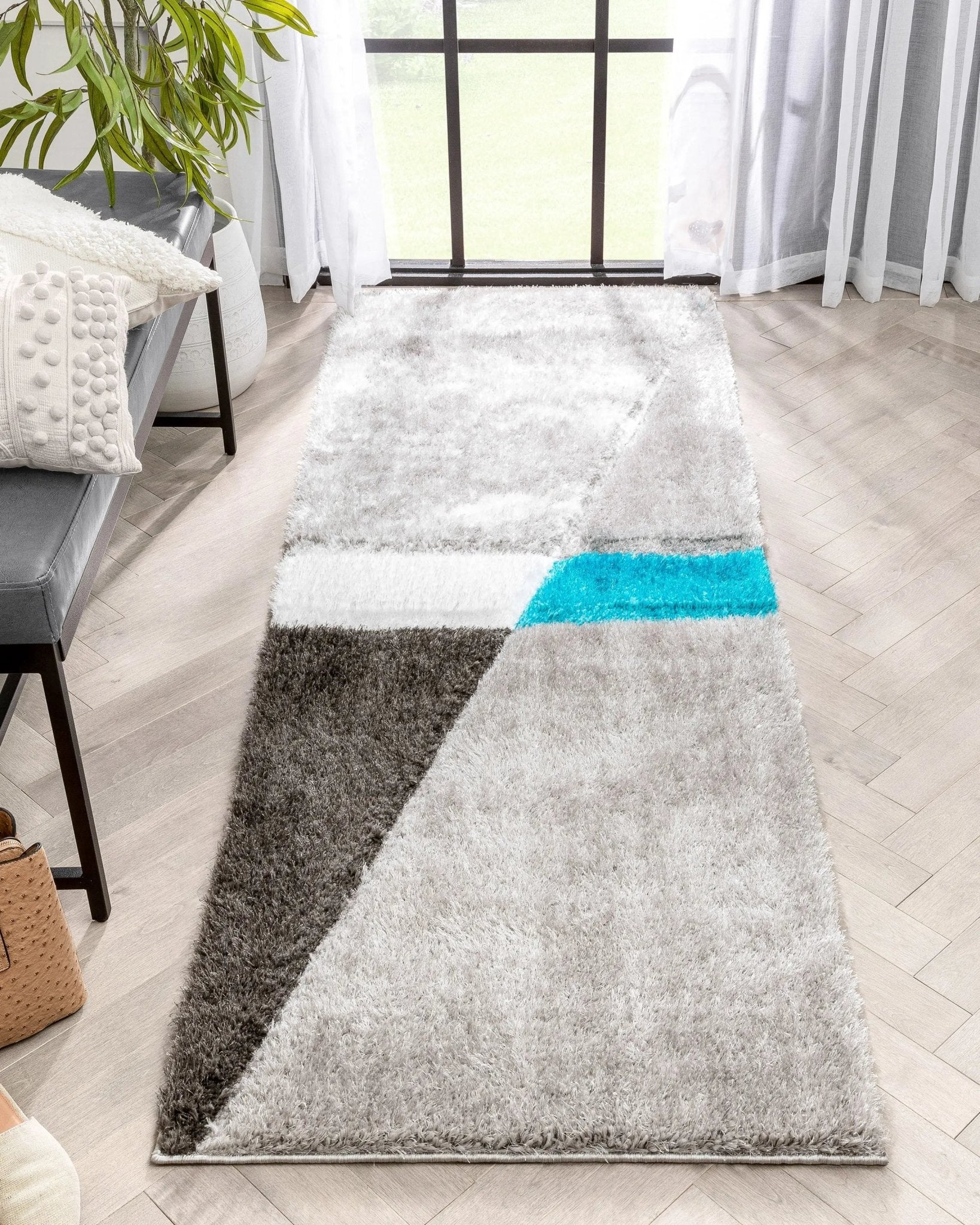 Mori Modern Abstract Geometric 3D Textured Shag Grey Blue Rug Well Woven