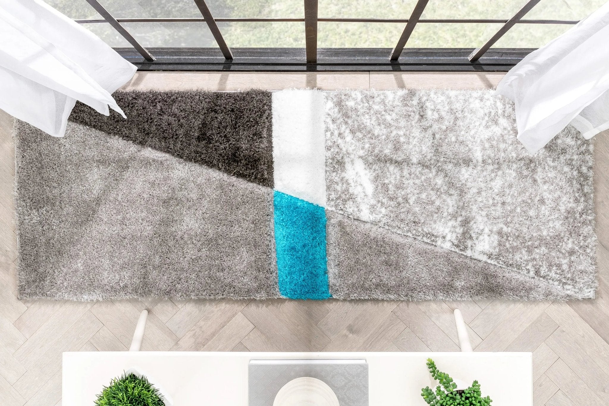 Mori Modern Abstract Geometric 3D Textured Shag Grey Blue Rug Well Woven