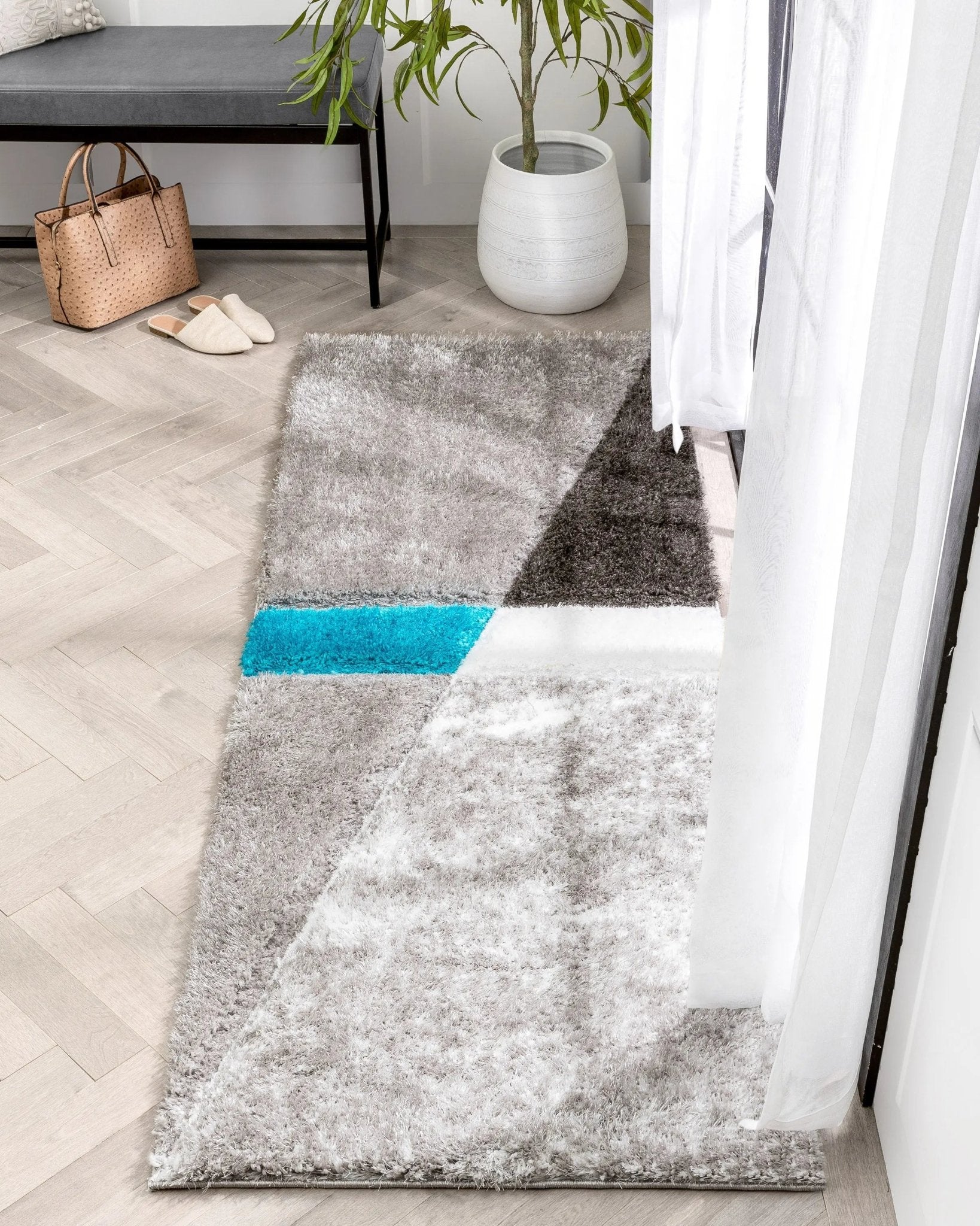 Mori Modern Abstract Geometric 3D Textured Shag Grey Blue Rug Well Woven