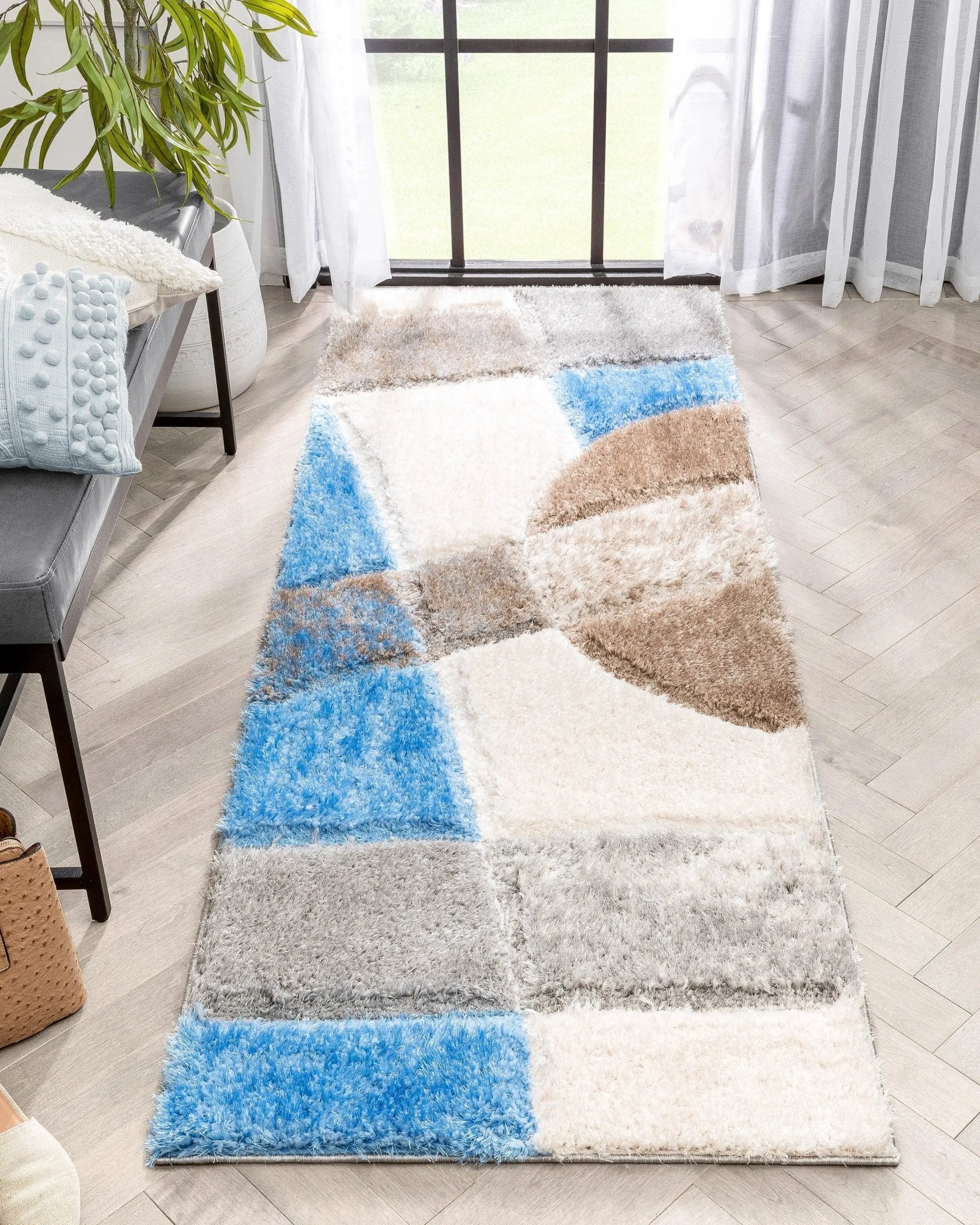 Remi Contemporary Geometric Boxes 3D Textured Shag Grey  Light Blue Rug Well Woven