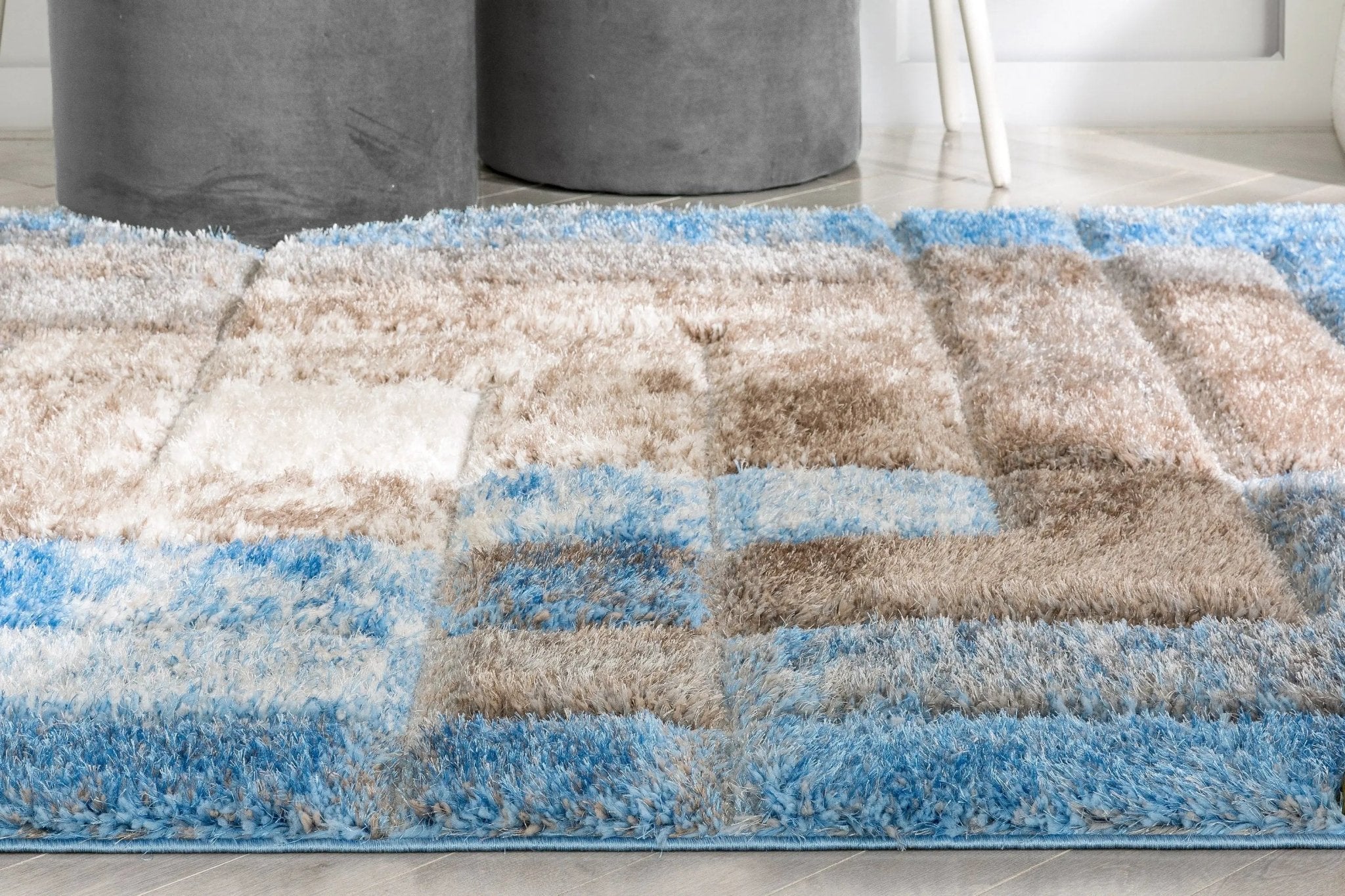 Kenzo Retro Geometric Pattern 3D Textured Shag Grey Light Blue Rug Well Woven