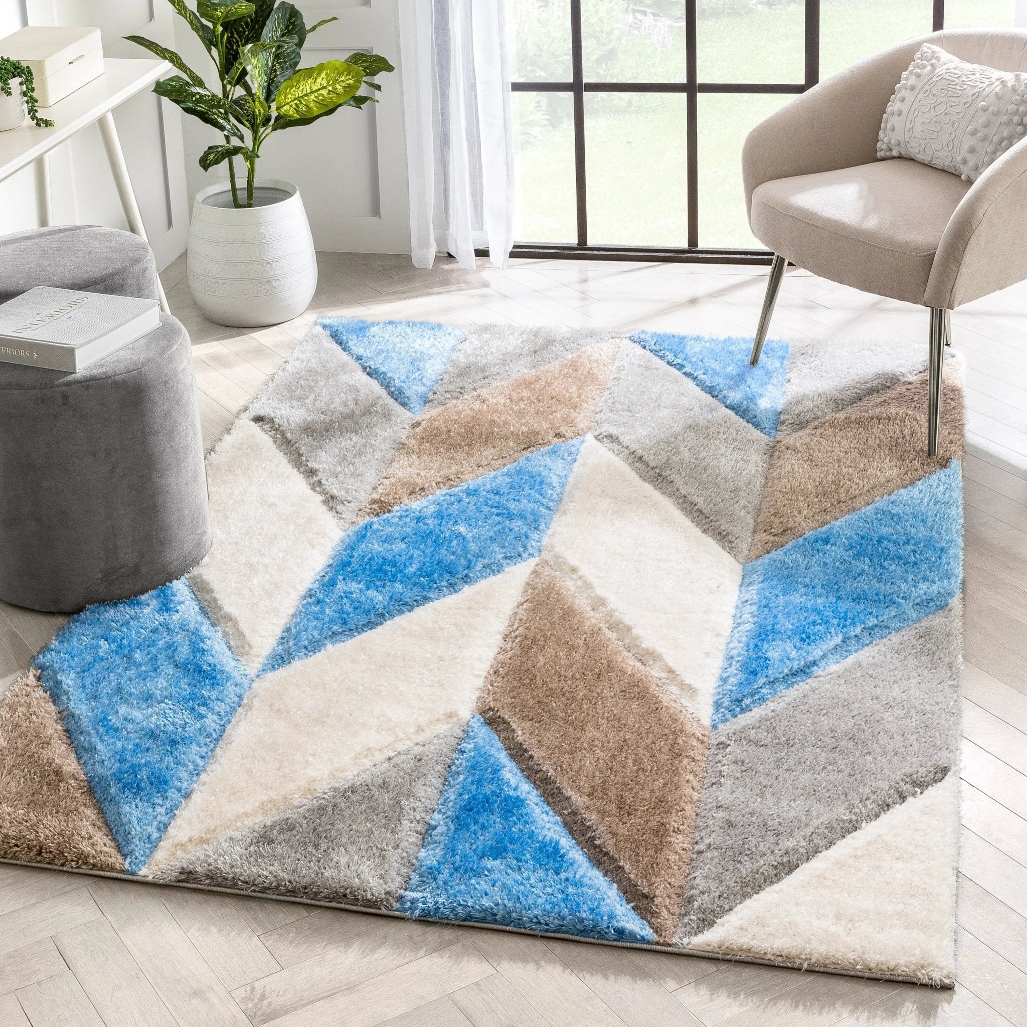 Mika Retro Chevron 3D Textured Shag Grey Light Blue Rug Well Woven