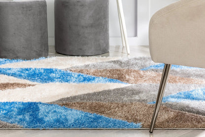 Mika Retro Chevron 3D Textured Shag Grey Light Blue Rug Well Woven