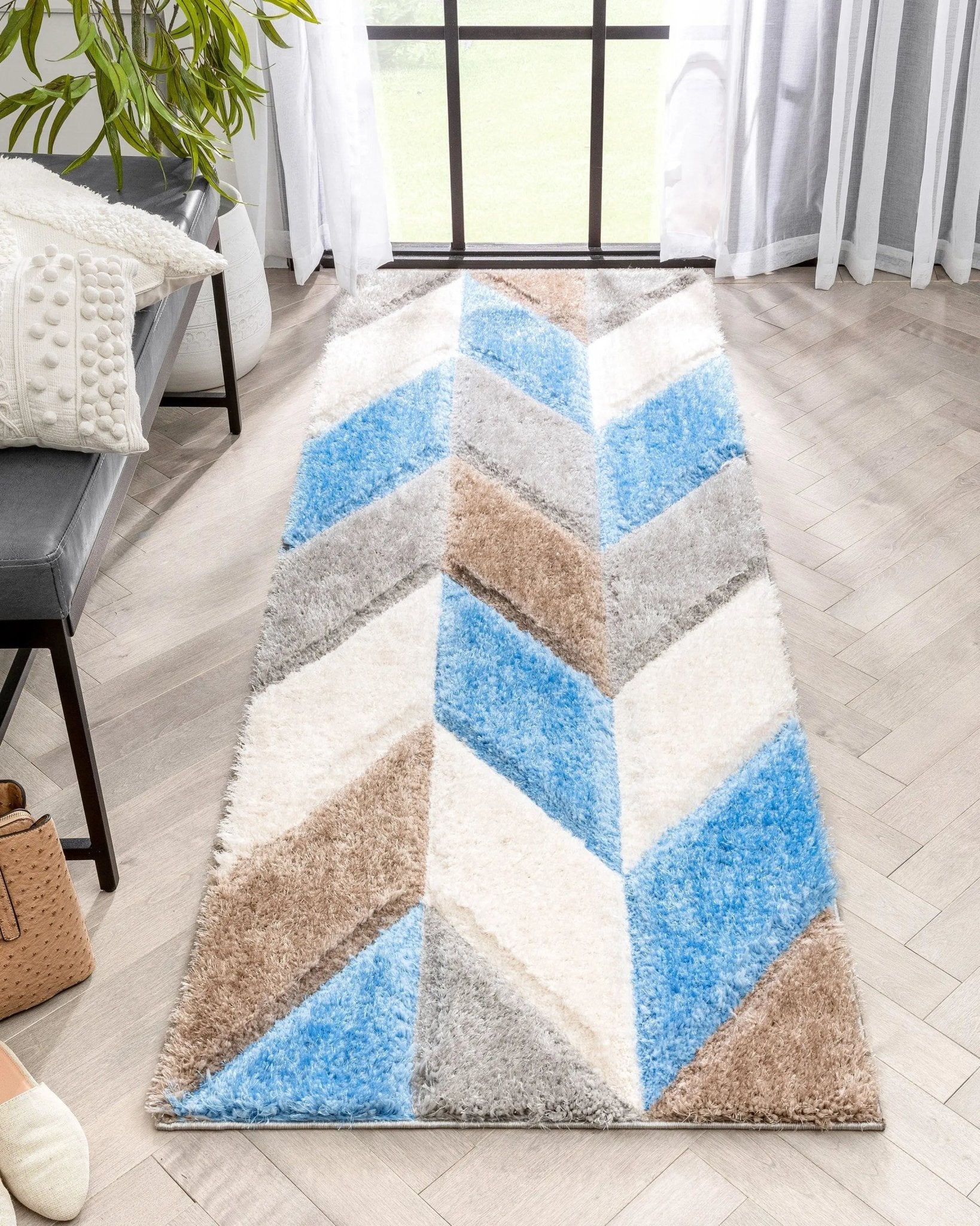 Mika Retro Chevron 3D Textured Shag Grey Light Blue Rug Well Woven