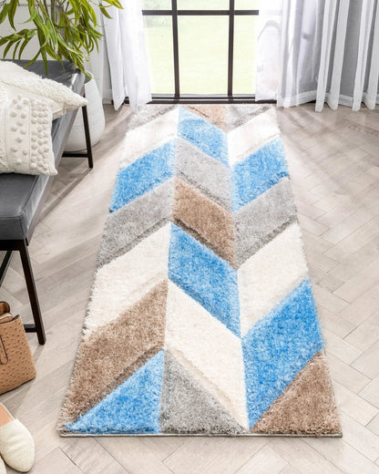 Mika Retro Chevron 3D Textured Shag Grey Light Blue Rug Well Woven