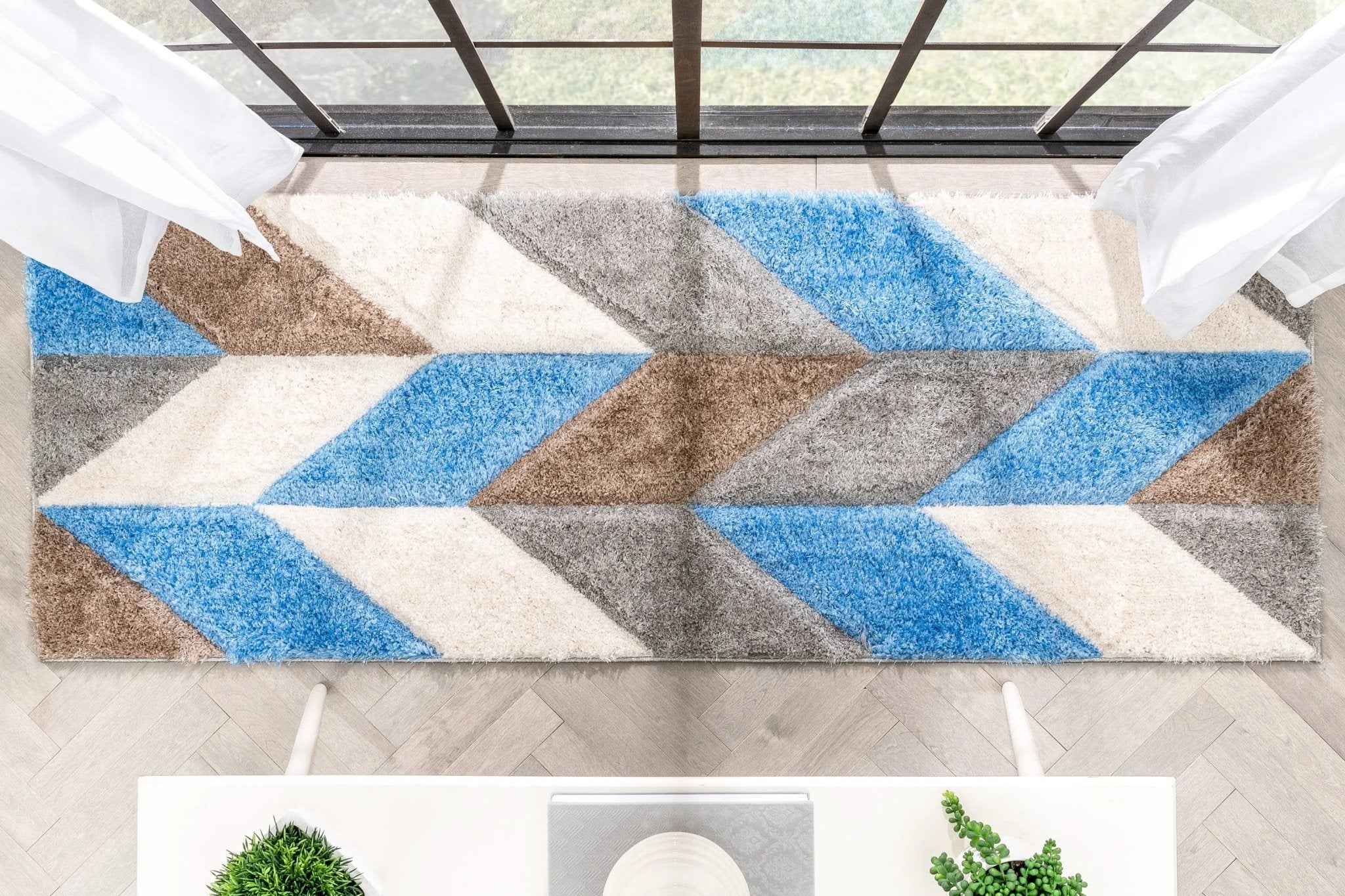 Mika Retro Chevron 3D Textured Shag Grey Light Blue Rug Well Woven