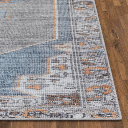 Cambria Machine Washable Vintage Medallion Oriental Light Blue Flat-Weave Distressed 5'3" x 7'3" Rug Well Woven
