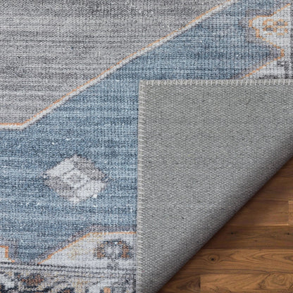 Cambria Machine Washable Vintage Medallion Oriental Light Blue Flat-Weave Distressed 5'3" x 7'3" Rug Well Woven
