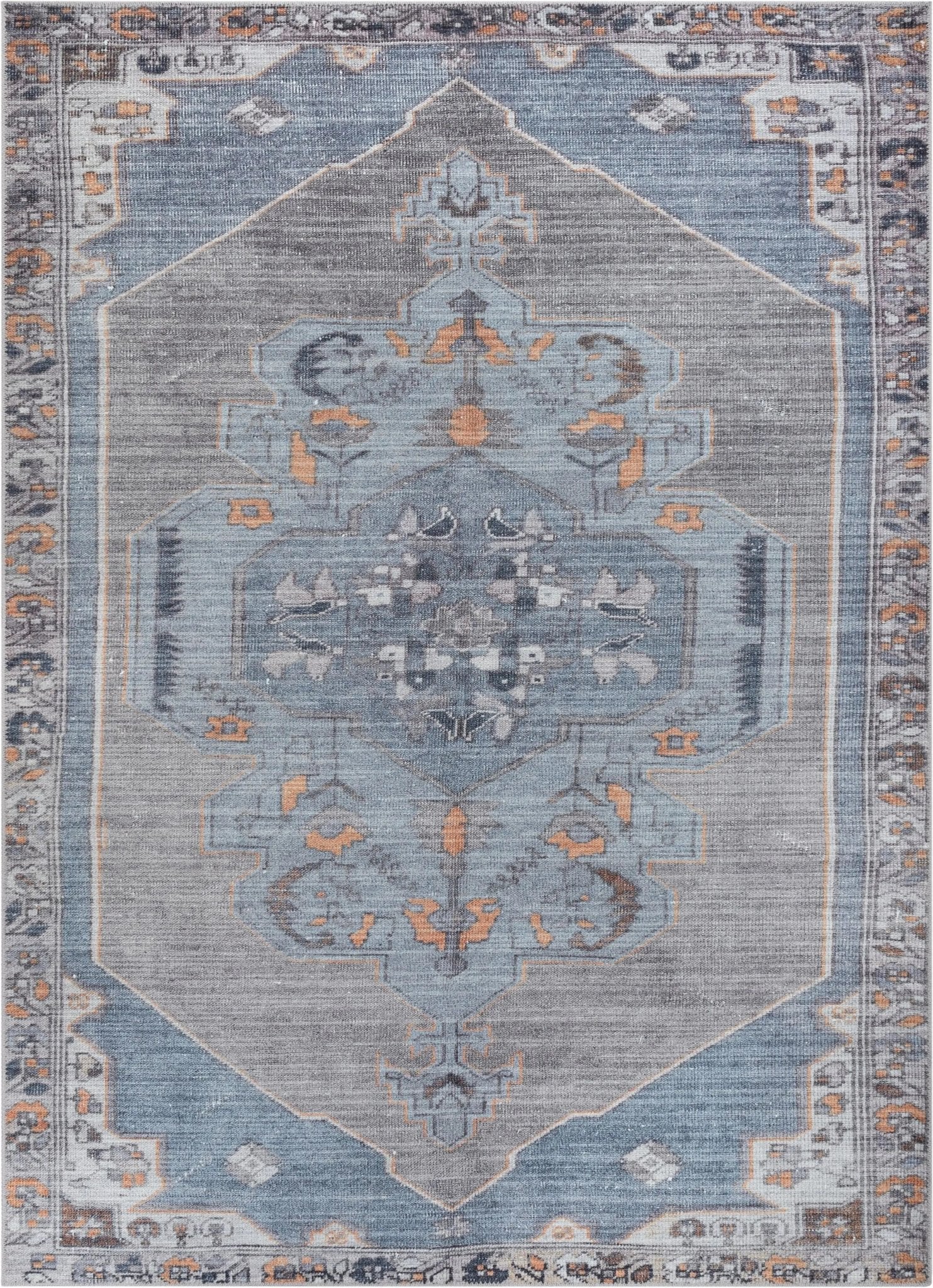 Cambria Machine Washable Vintage Medallion Oriental Light Blue Flat-Weave Distressed 5'3" x 7'3" Rug Well Woven