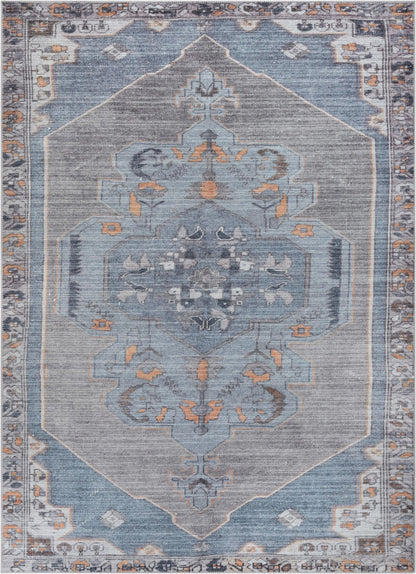 Cambria Machine Washable Vintage Medallion Oriental Light Blue Flat-Weave Distressed 5'3" x 7'3" Rug Well Woven