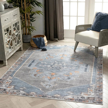 Cambria Machine Washable Vintage Medallion Oriental Light Blue Flat-Weave Distressed 5'3" x 7'3" Rug Well Woven
