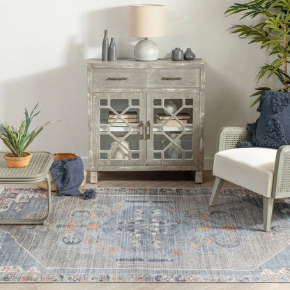 Cambria Machine Washable Vintage Medallion Oriental Light Blue Flat-Weave Distressed 5'3" x 7'3" Rug Well Woven