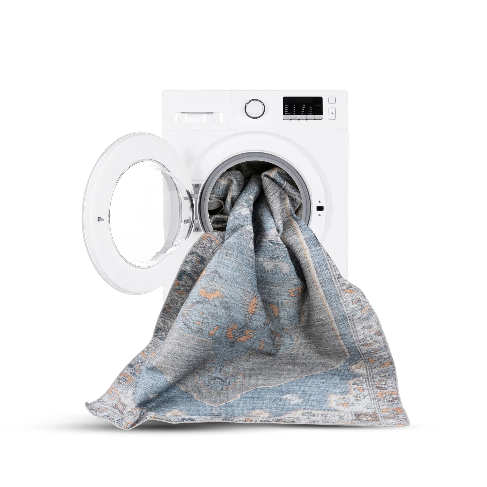 Cambria Machine Washable Vintage Medallion Oriental Light Blue Flat-Weave Distressed 5'3" x 7'3" Rug Well Woven