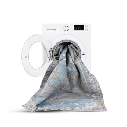 Cambria Machine Washable Vintage Medallion Oriental Light Blue Flat-Weave Distressed 5'3" x 7'3" Rug Well Woven