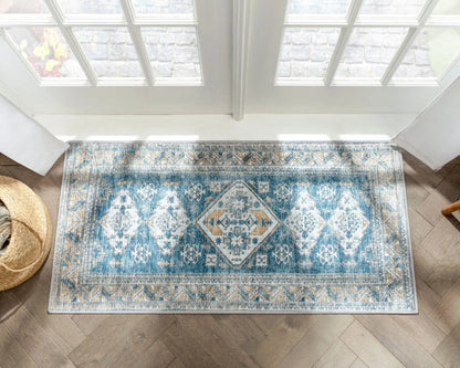 Habra Machine Washable Vintage Medallion Oriental Light Blue Flat-Weave Distressed Rug Well Woven