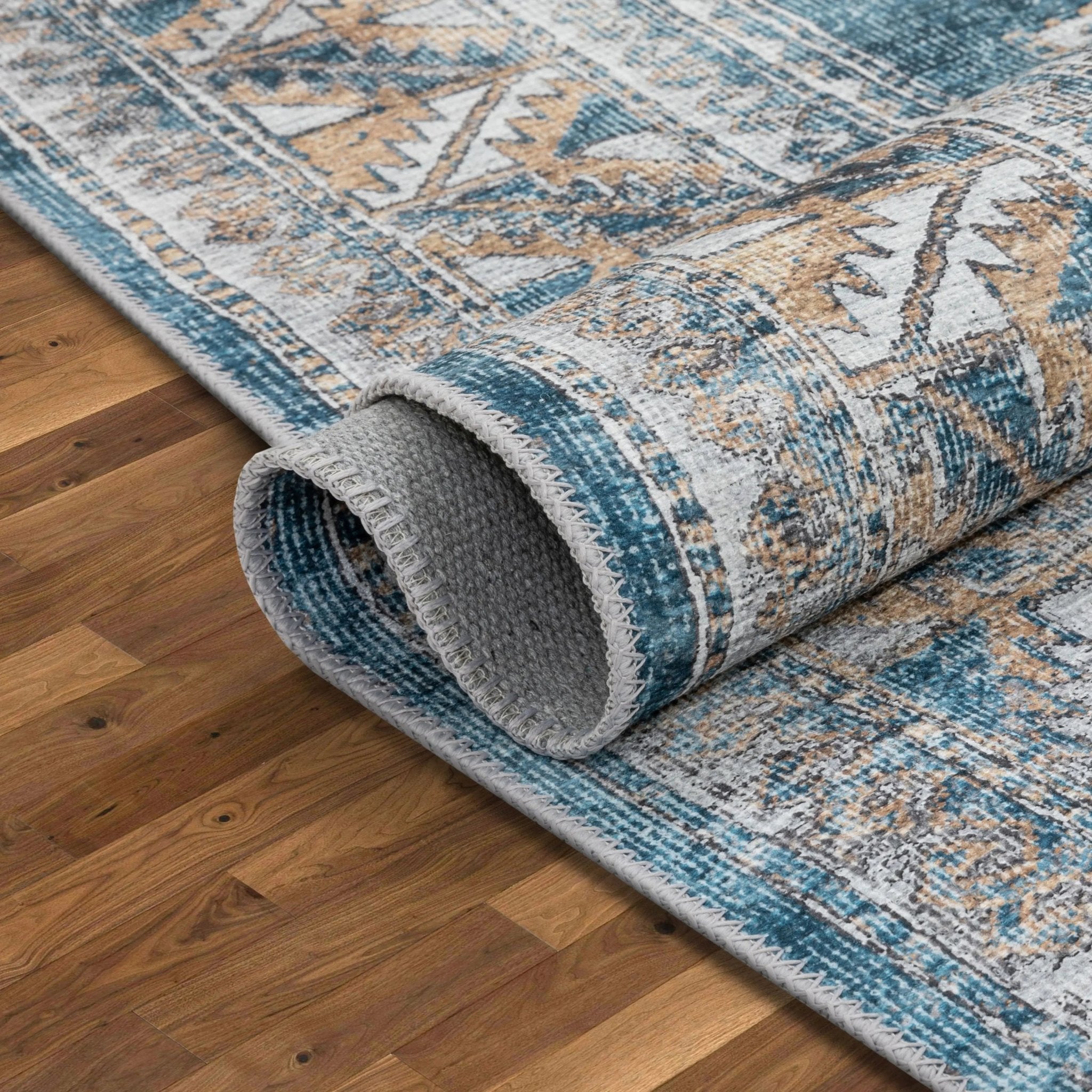 Habra Machine Washable Vintage Medallion Oriental Light Blue Flat-Weave Distressed Rug Well Woven