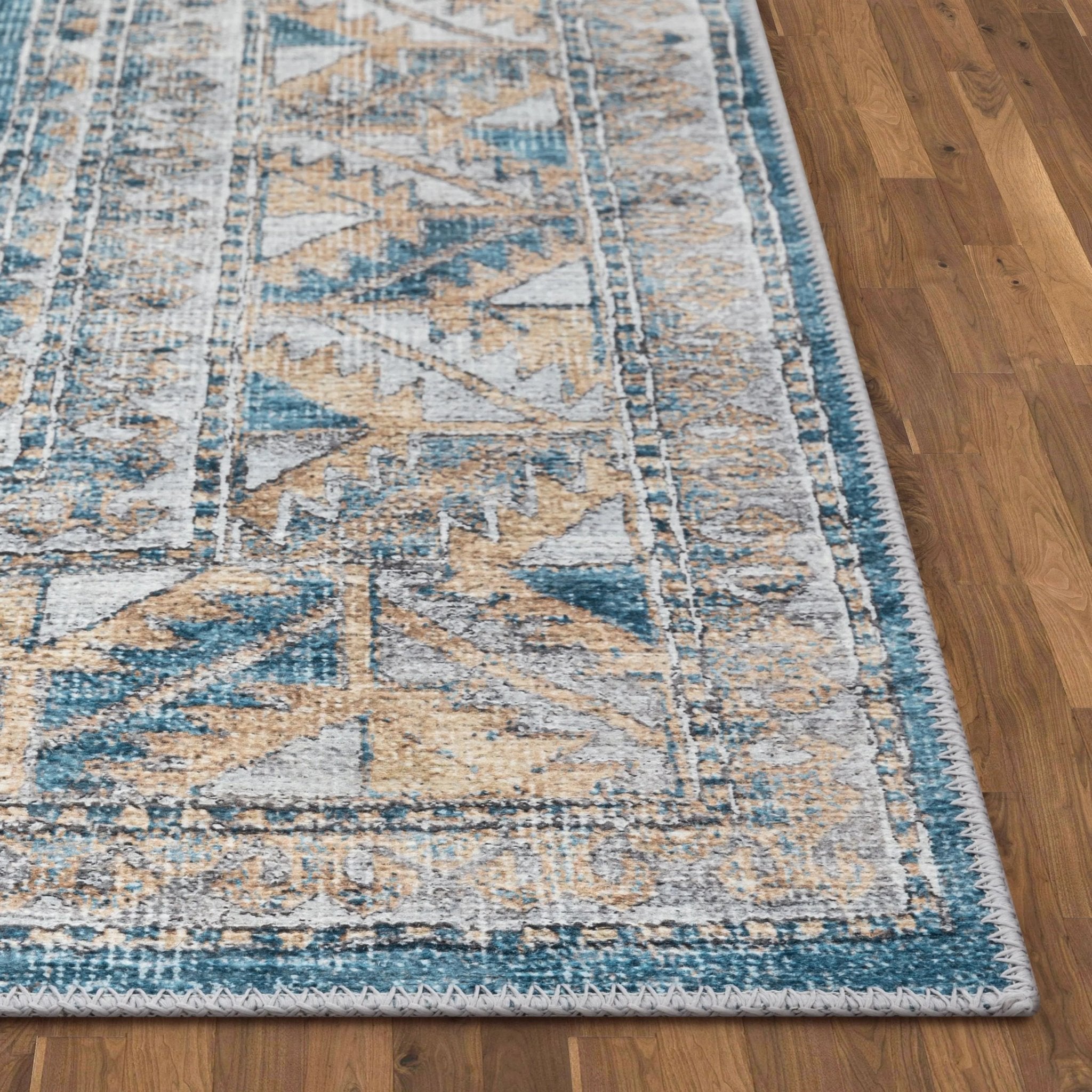 Habra Machine Washable Vintage Medallion Oriental Light Blue Flat-Weave Distressed Rug Well Woven